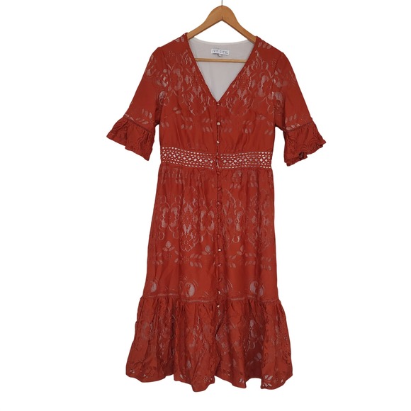 Ivy City Co. Monroe Lace Button Down Midi Dress Burnt Orange Size Medium - Picture 2 of 10